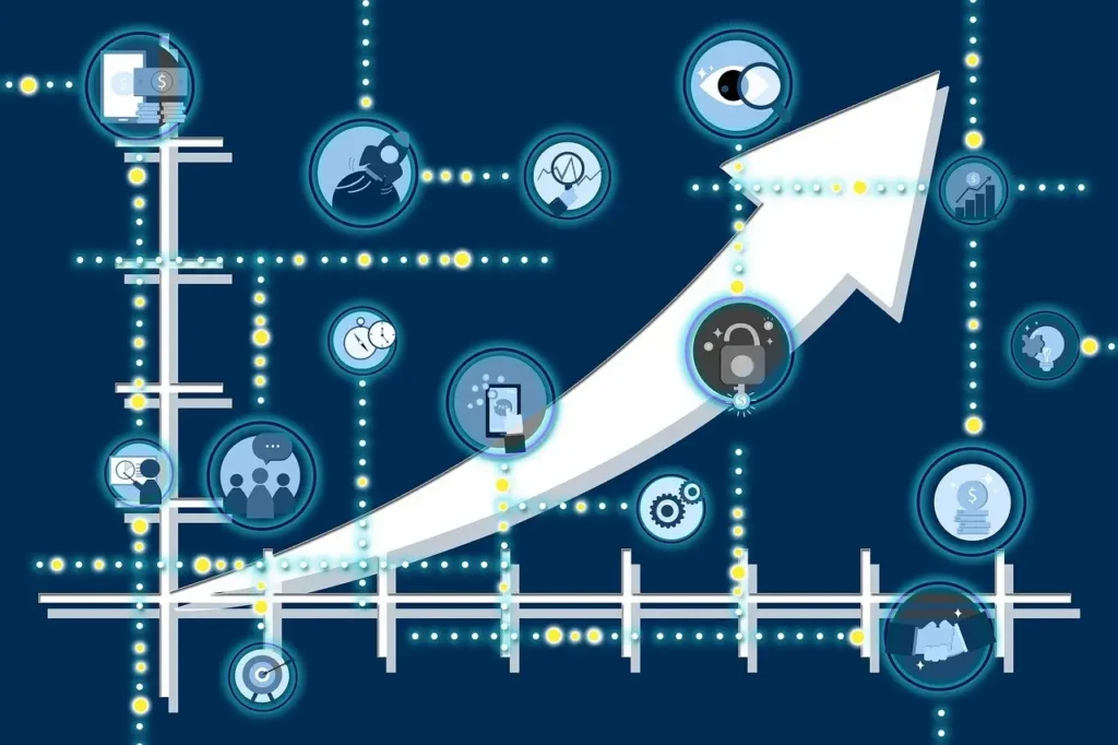 a figurative chart related to business growth with an arrow pointing upward and various photos of various factors involved