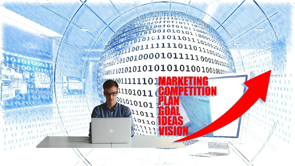 a business owner surrounded by numbers and the words "marketing, competition, plan, goal, ideas, vision"