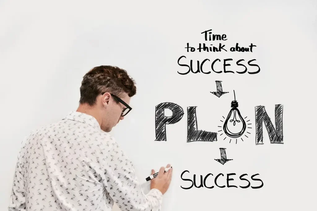 a man writing on a whiteboard: "time to think about success > plan > success"