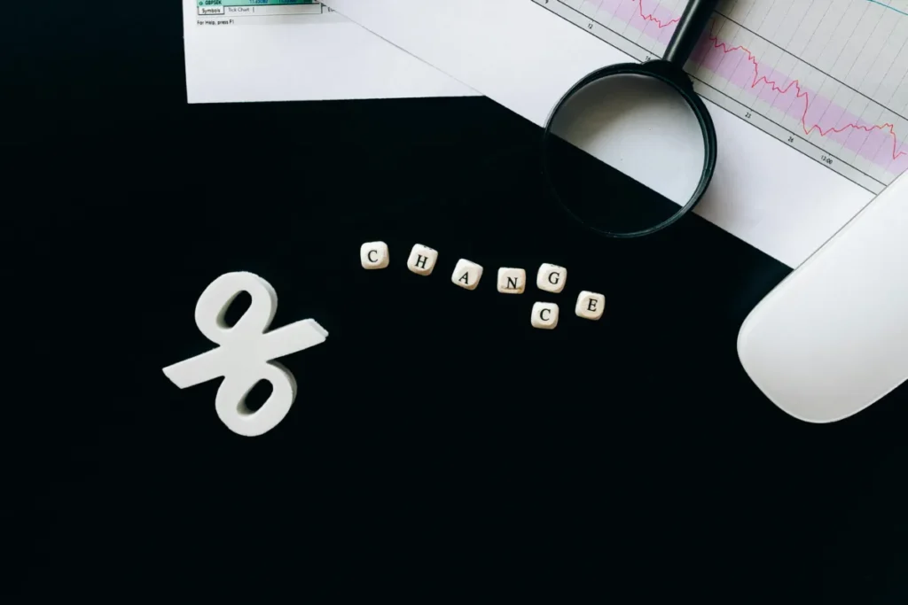 Flat lay of a desk with a white percentage symbol, wooden letter blocks spelling “CHANGE,” a magnifying glass, a computer mouse, and financial charts showing a line graph