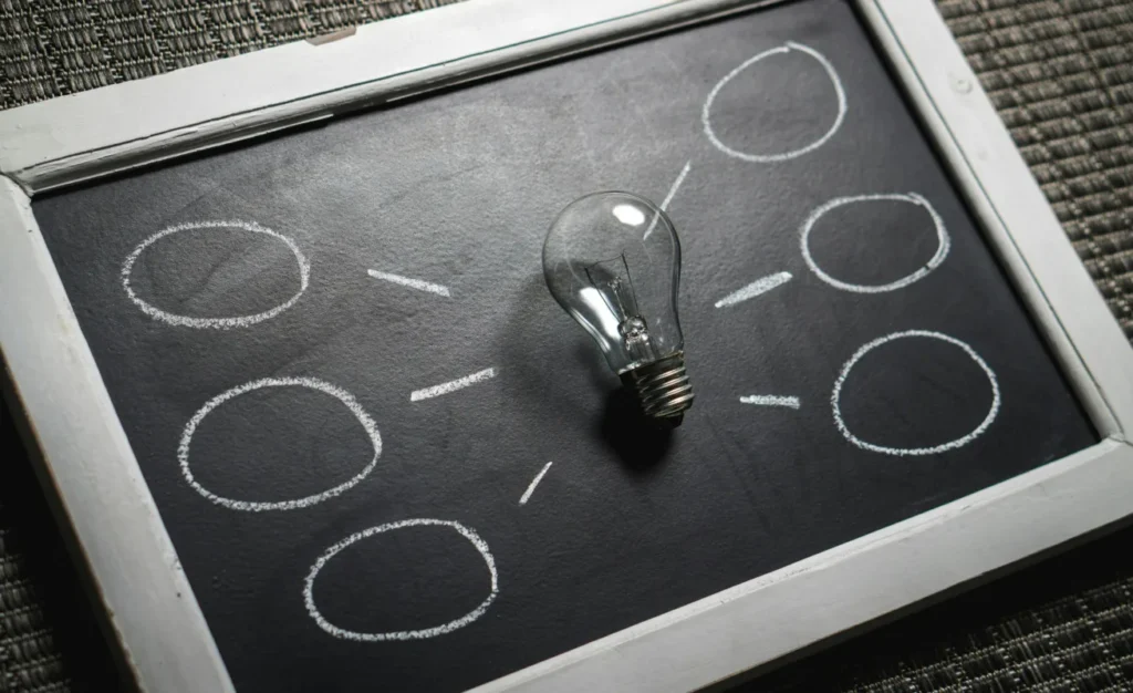a lightbulb on top of a chalkboard with speech bubbles drawn around it, signifying business strategy