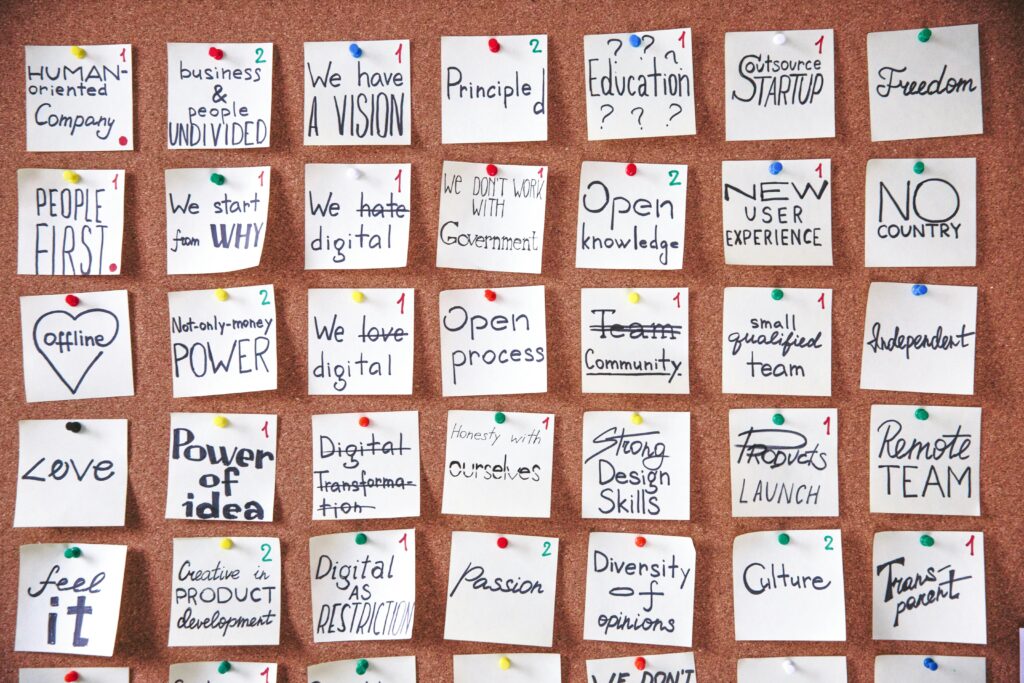 a board with various individual notes on what constitute a business plan