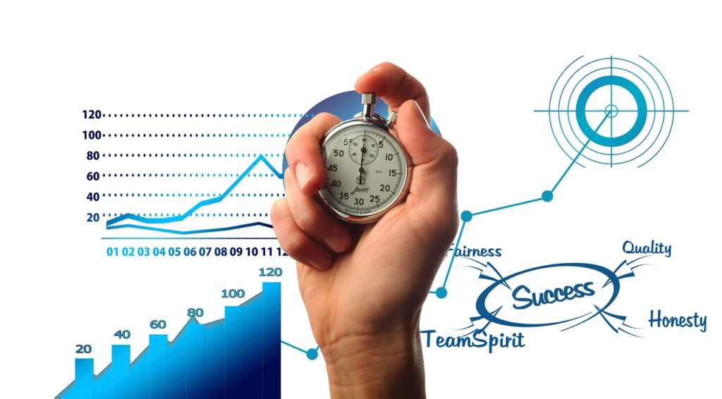 A hand holding a stopwatch in front of charts, graphs, and a diagram with the word "Success" surrounded by values like fairness, quality, and team spirit, illustrating the measurement and tracking of business growth.