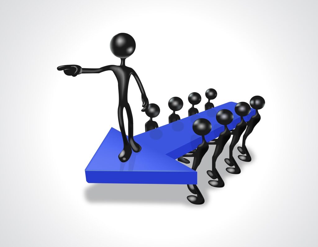 An illustration representing the common weaknesses of a leader, with a stick figure pointing forward while others push a large blue arrow, showing reliance on team effort.