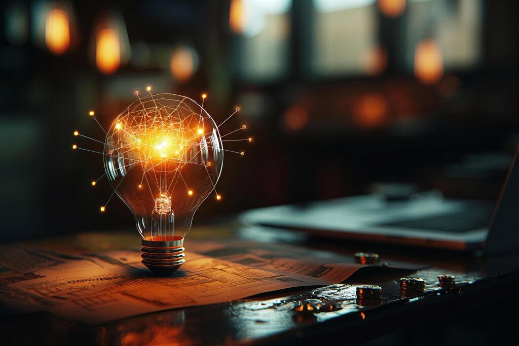 A glowing lightbulb with a digital network pattern inside, placed on documents and coins with a laptop in the background, representing innovation, ideas, and financial investment driving company growth opportunities.